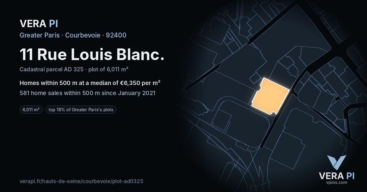 11 Rue Louis Blanc, Courbevoie at night – the plot lit, the parcels around coloured by the prices near them