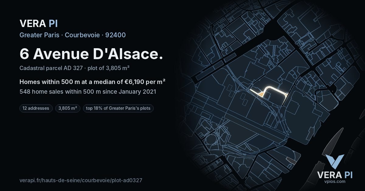 6 Avenue D'Alsace, Courbevoie at night – the plot lit, the parcels around coloured by the prices near them