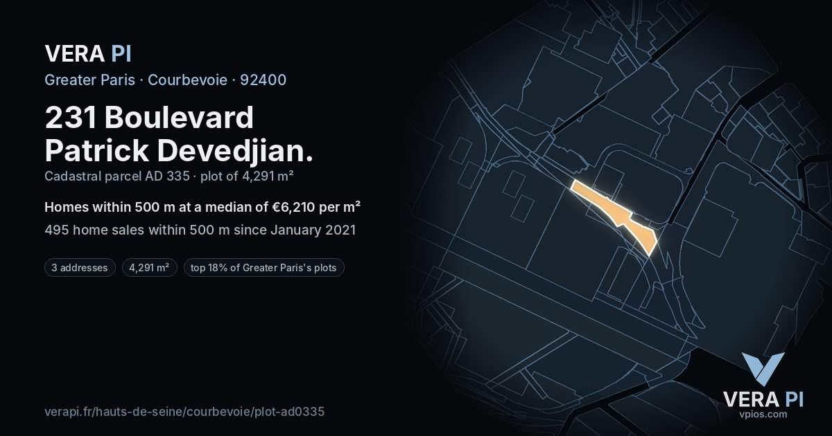 231 Boulevard Patrick Devedjian, Courbevoie at night – the plot lit, the parcels around coloured by the prices near them