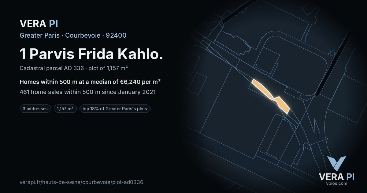 1 Parvis Frida Kahlo, Courbevoie at night – the plot lit, the parcels around coloured by the prices near them
