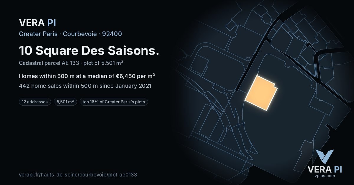 10 Square Des Saisons, Courbevoie at night – the plot lit, the parcels around coloured by the prices near them