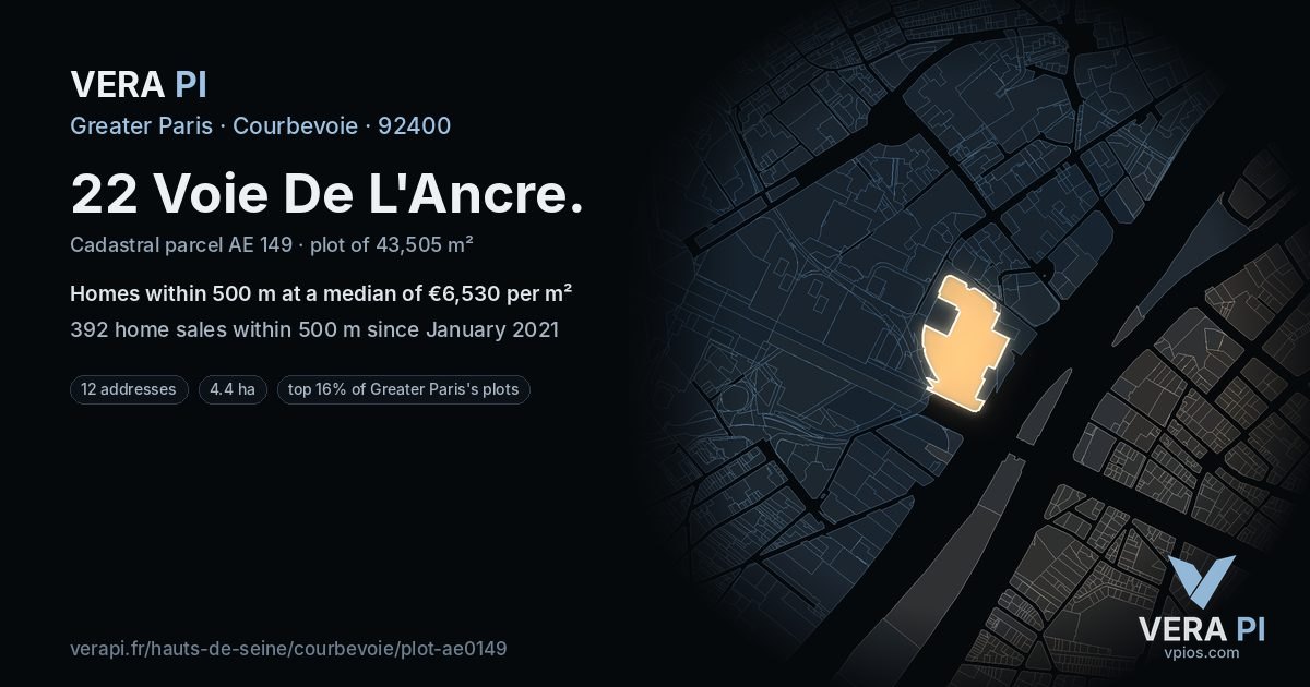 22 Voie De L'Ancre, Courbevoie at night – the plot lit, the parcels around coloured by the prices near them
