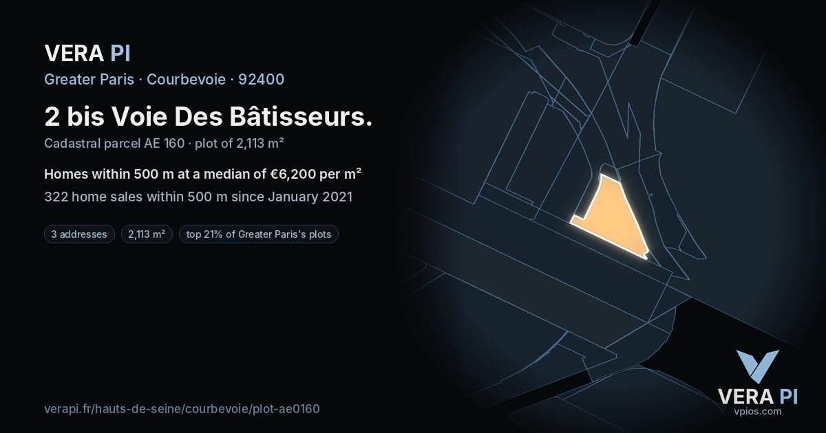 2 bis Voie Des Bâtisseurs, Courbevoie at night – the plot lit, the parcels around coloured by the prices near them