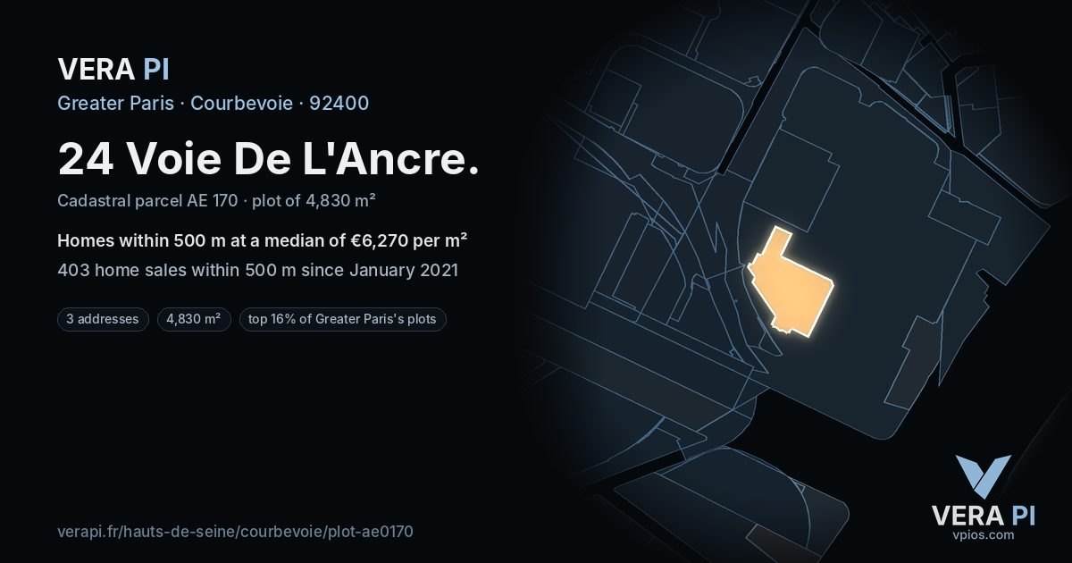 24 Voie De L'Ancre, Courbevoie at night – the plot lit, the parcels around coloured by the prices near them
