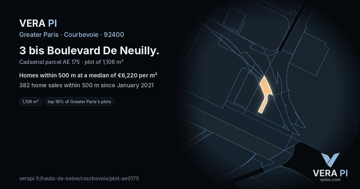 3 bis Boulevard De Neuilly, Courbevoie at night – the plot lit, the parcels around coloured by the prices near them