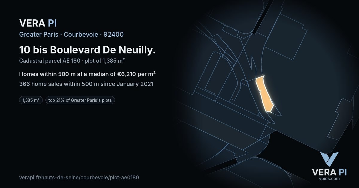 10 bis Boulevard De Neuilly, Courbevoie at night – the plot lit, the parcels around coloured by the prices near them