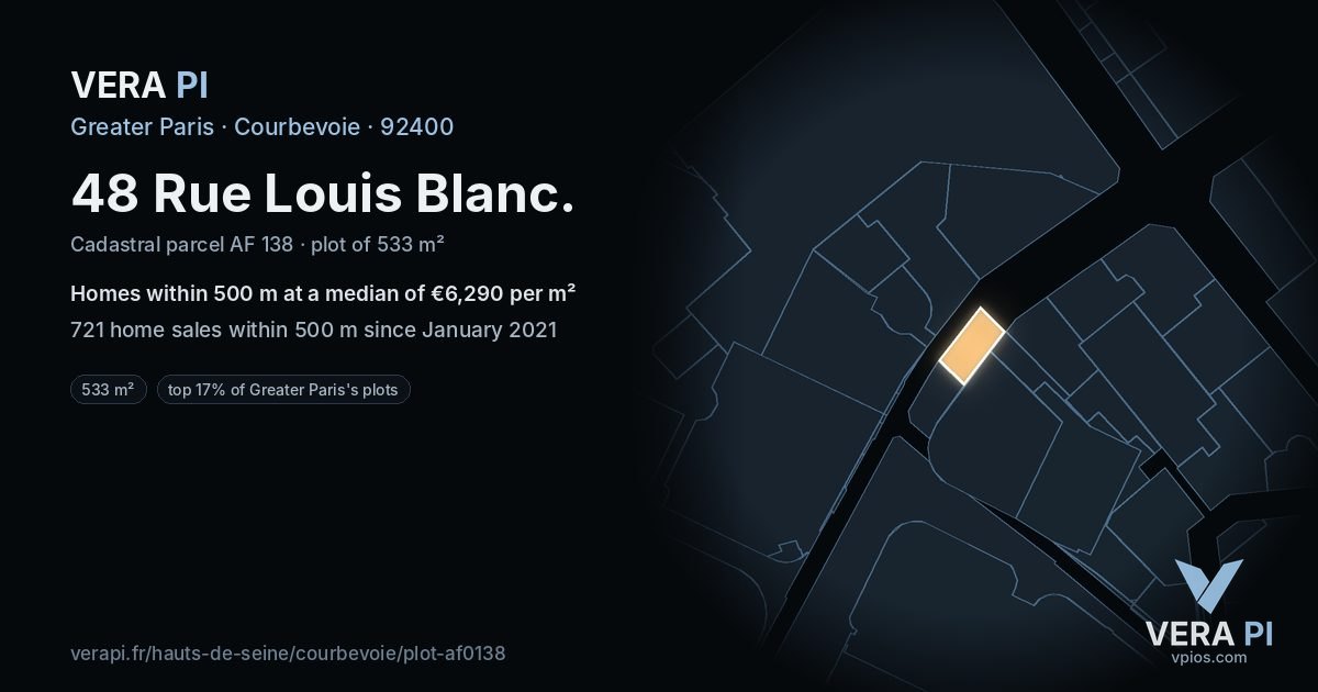 48 Rue Louis Blanc, Courbevoie at night – the plot lit, the parcels around coloured by the prices near them