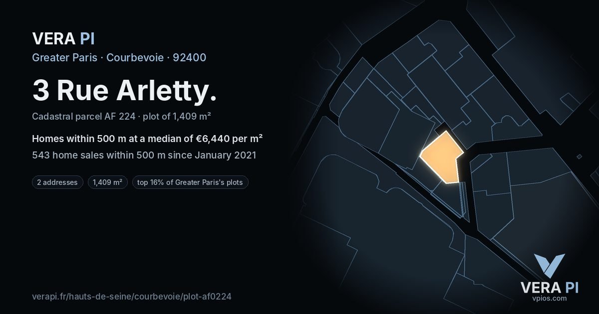 3 Rue Arletty, Courbevoie at night – the plot lit, the parcels around coloured by the prices near them
