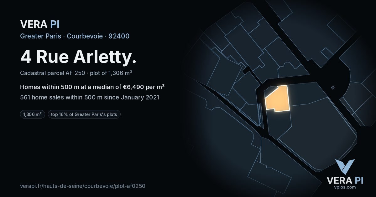 4 Rue Arletty, Courbevoie at night – the plot lit, the parcels around coloured by the prices near them