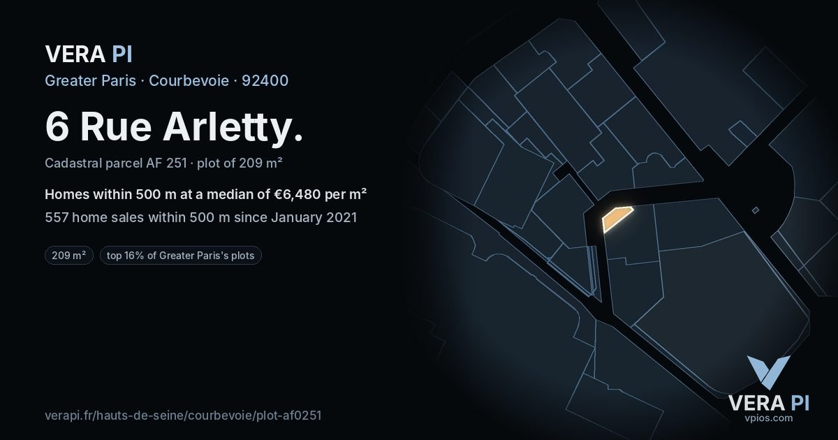 6 Rue Arletty, Courbevoie at night – the plot lit, the parcels around coloured by the prices near them