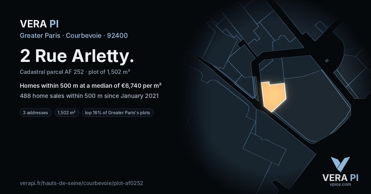 2 Rue Arletty, Courbevoie at night – the plot lit, the parcels around coloured by the prices near them