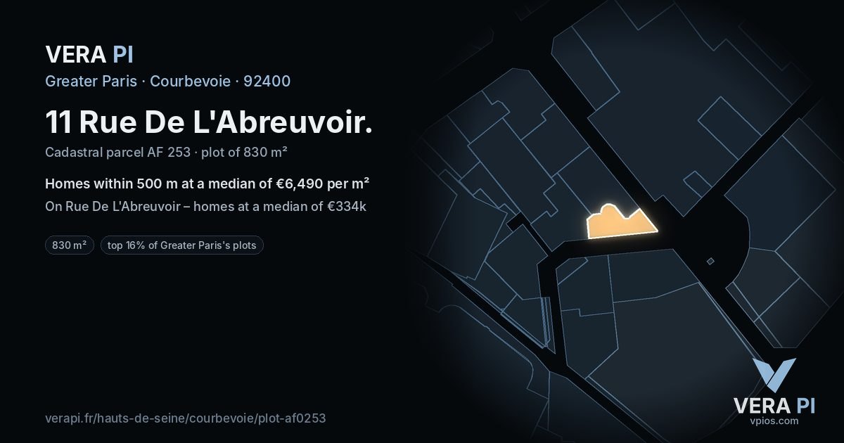 11 Rue De L'Abreuvoir, Courbevoie at night – the plot lit, the parcels around coloured by the prices near them