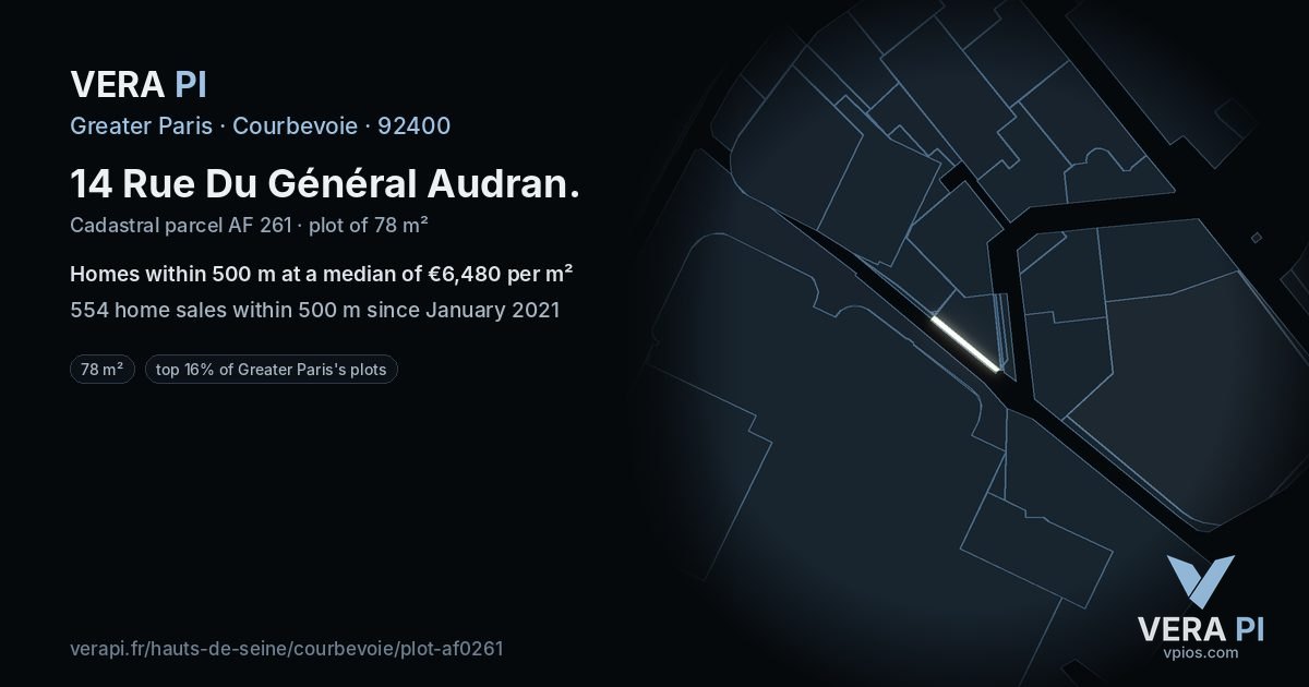 14 Rue Du Général Audran, Courbevoie at night – the plot lit, the parcels around coloured by the prices near them