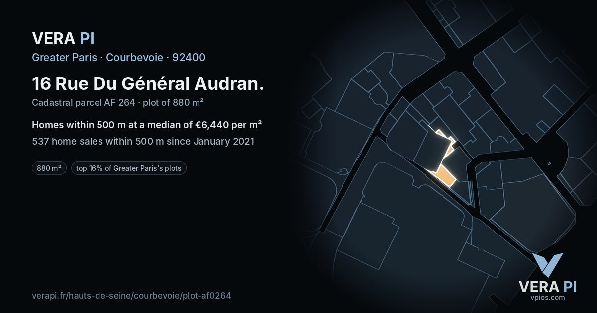 16 Rue Du Général Audran, Courbevoie at night – the plot lit, the parcels around coloured by the prices near them