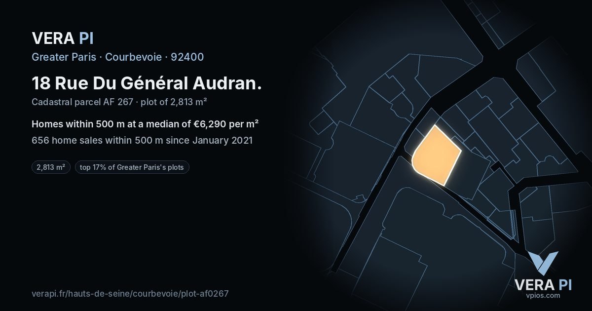 18 Rue Du Général Audran, Courbevoie at night – the plot lit, the parcels around coloured by the prices near them