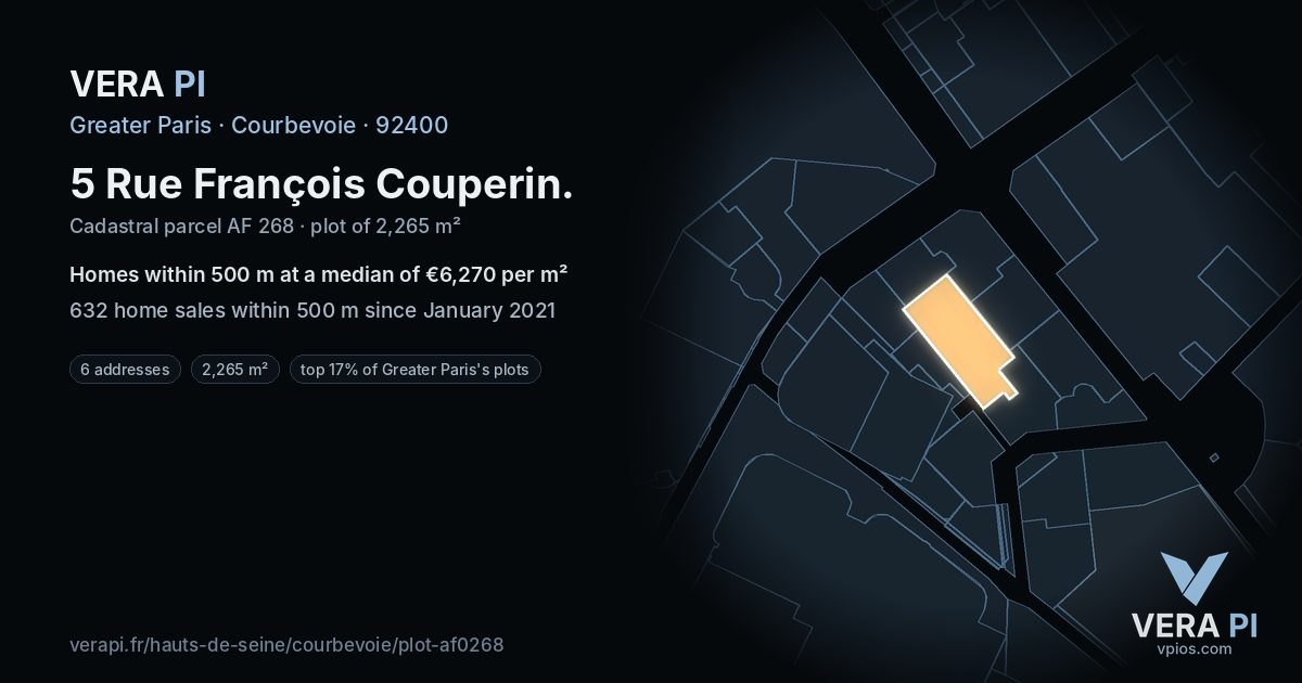 5 Rue François Couperin, Courbevoie at night – the plot lit, the parcels around coloured by the prices near them