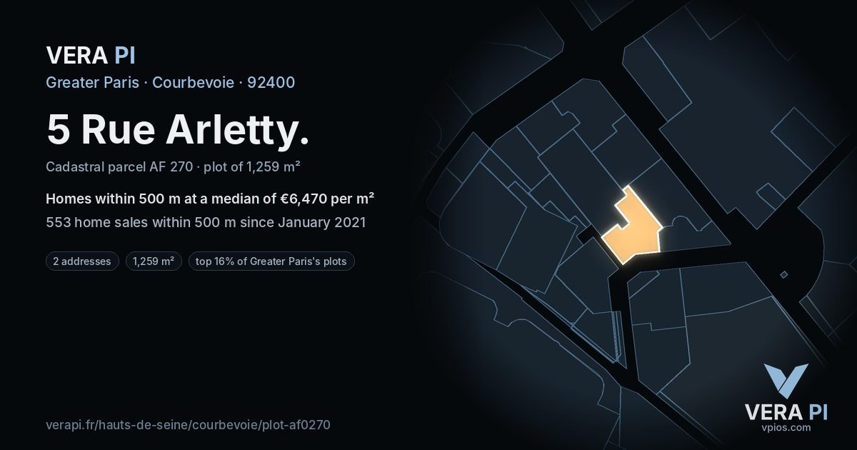 5 Rue Arletty, Courbevoie at night – the plot lit, the parcels around coloured by the prices near them