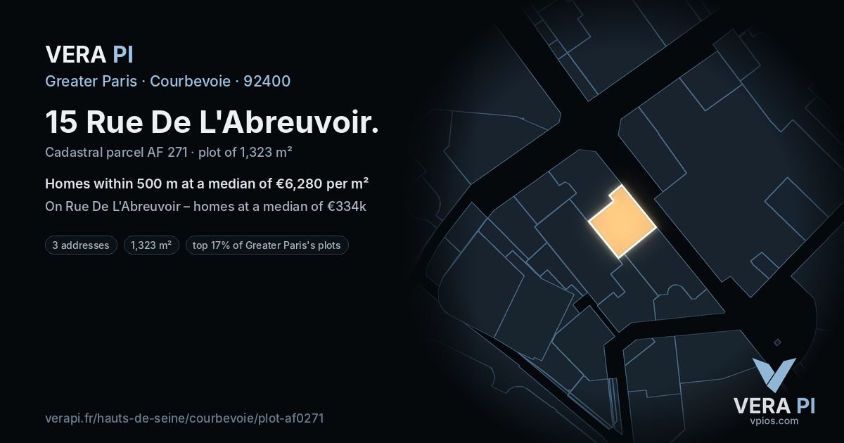 15 Rue De L'Abreuvoir, Courbevoie at night – the plot lit, the parcels around coloured by the prices near them