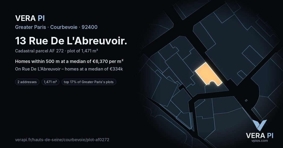 13 Rue De L'Abreuvoir, Courbevoie at night – the plot lit, the parcels around coloured by the prices near them