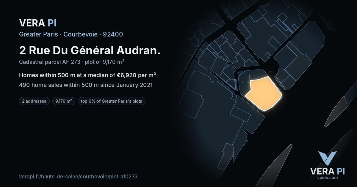 2 Rue Du Général Audran, Courbevoie at night – the plot lit, the parcels around coloured by the prices near them