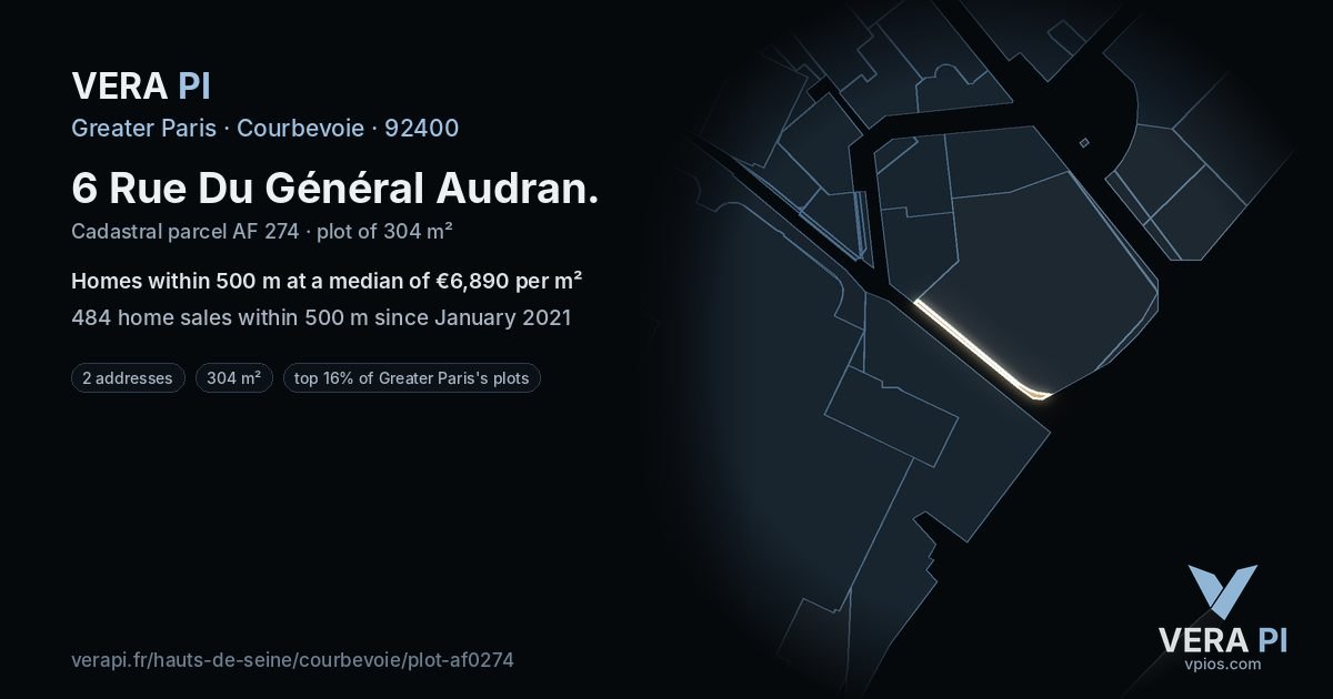 6 Rue Du Général Audran, Courbevoie at night – the plot lit, the parcels around coloured by the prices near them