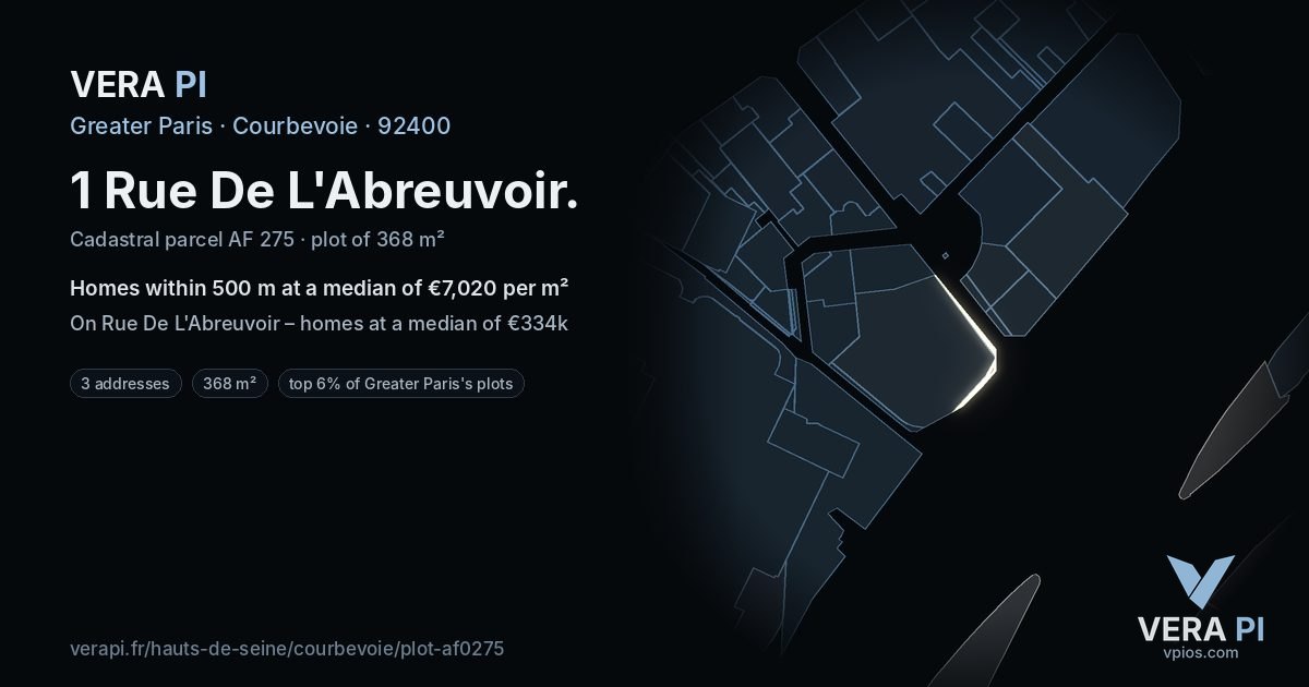 1 Rue De L'Abreuvoir, Courbevoie at night – the plot lit, the parcels around coloured by the prices near them