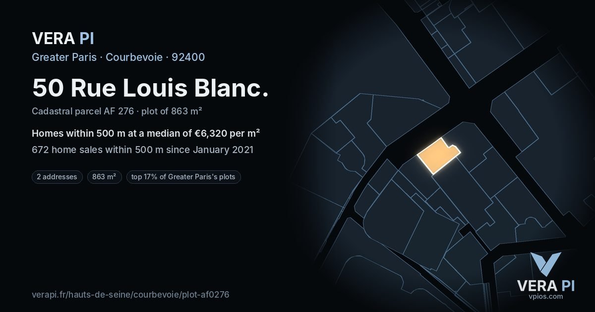 50 Rue Louis Blanc, Courbevoie at night – the plot lit, the parcels around coloured by the prices near them