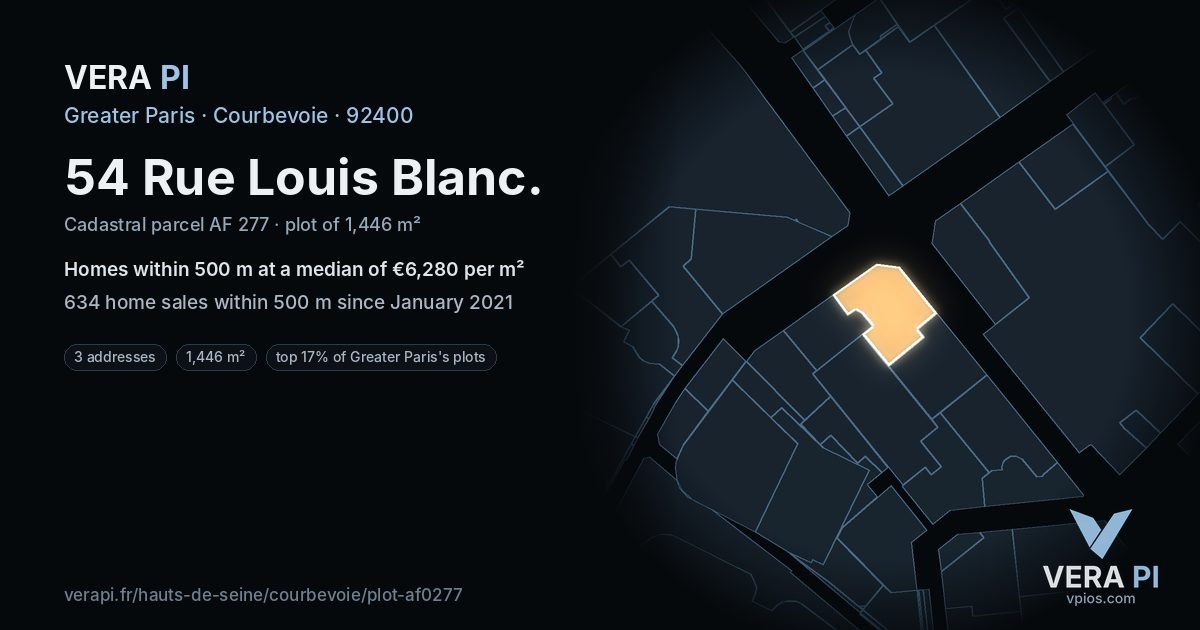 54 Rue Louis Blanc, Courbevoie at night – the plot lit, the parcels around coloured by the prices near them