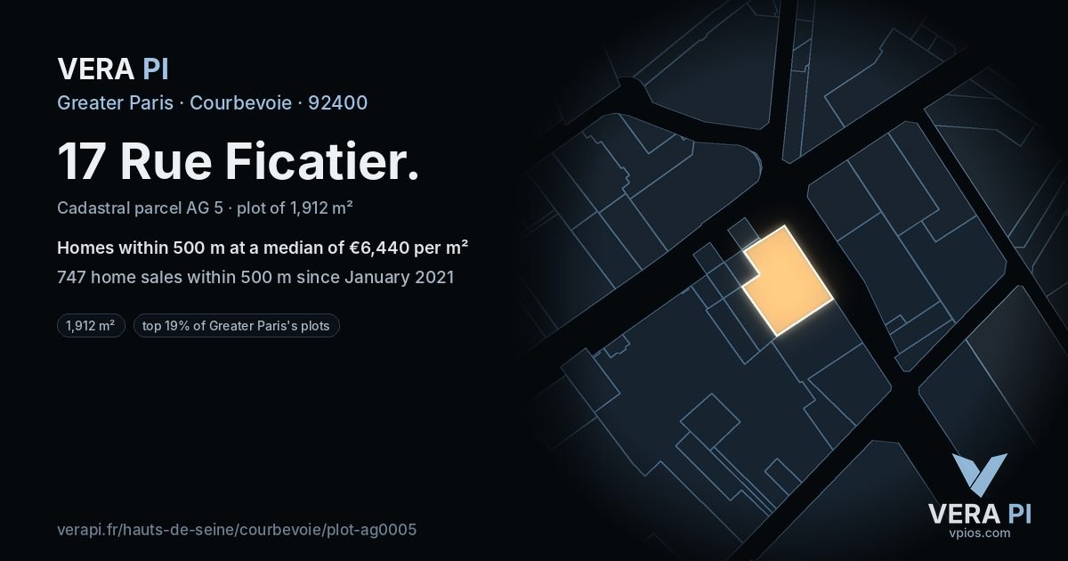 17 Rue Ficatier, Courbevoie at night – the plot lit, the parcels around coloured by the prices near them