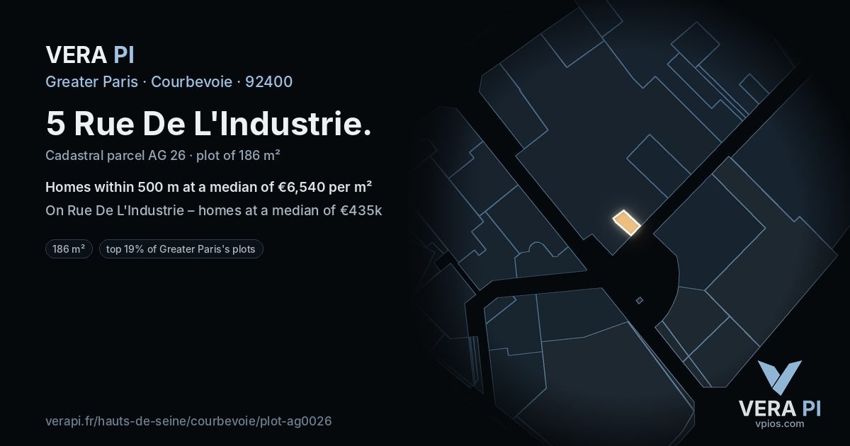 5 Rue De L'Industrie, Courbevoie at night – the plot lit, the parcels around coloured by the prices near them