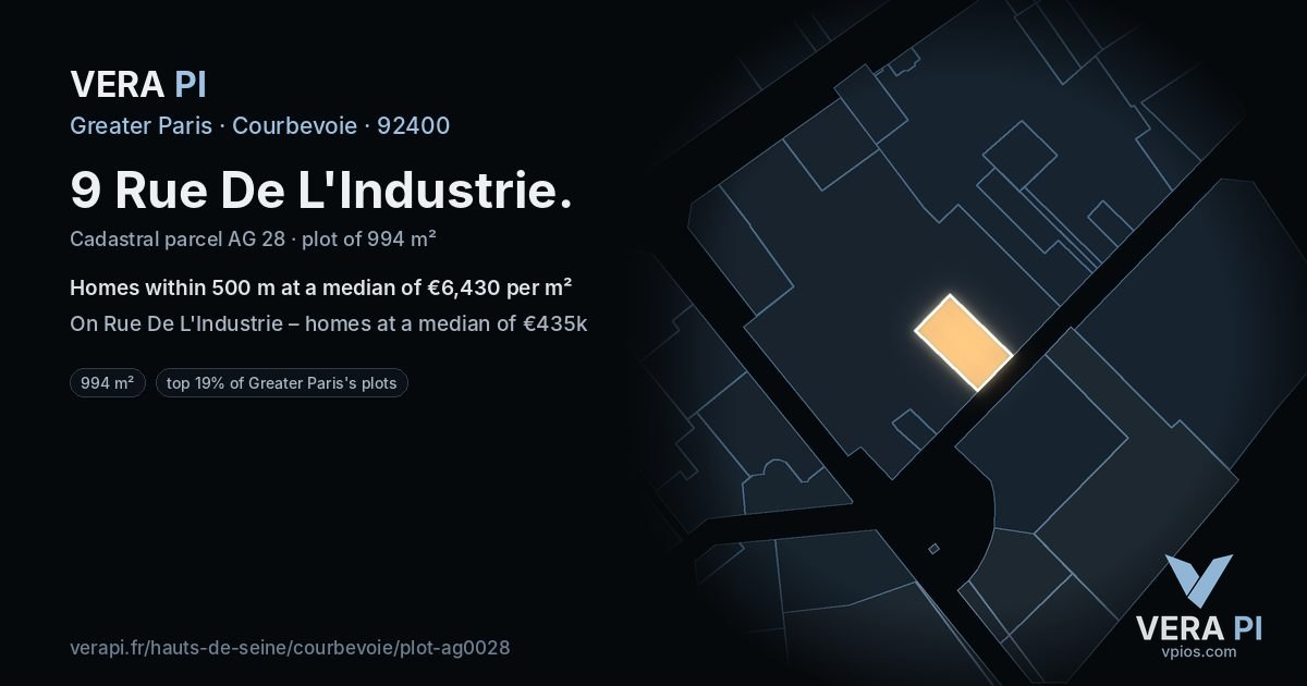 9 Rue De L'Industrie, Courbevoie at night – the plot lit, the parcels around coloured by the prices near them