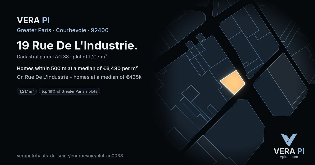 19 Rue De L'Industrie, Courbevoie at night – the plot lit, the parcels around coloured by the prices near them