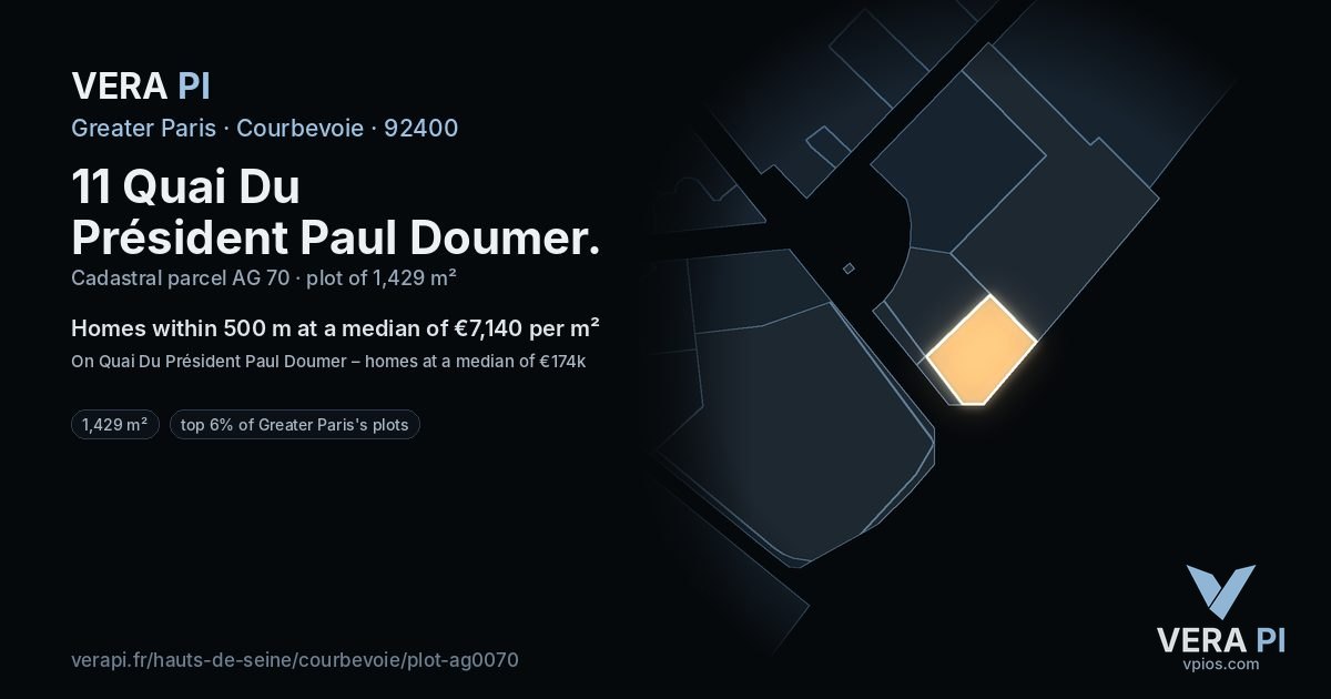 11 Quai Du Président Paul Doumer, Courbevoie at night – the plot lit, the parcels around coloured by the prices near them