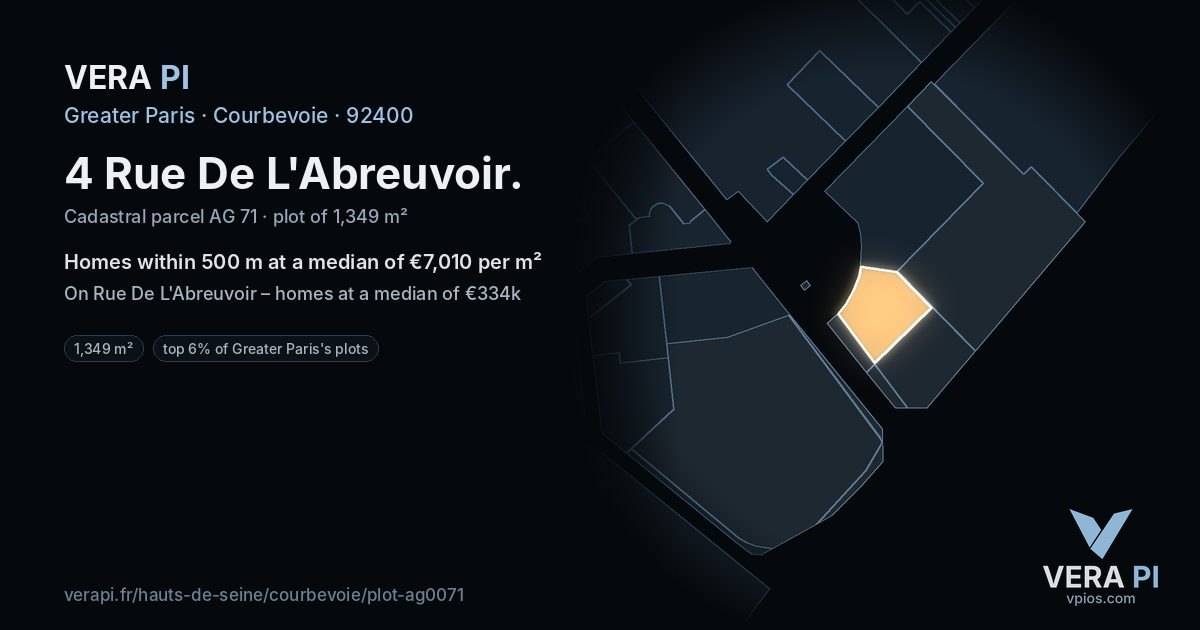 4 Rue De L'Abreuvoir, Courbevoie at night – the plot lit, the parcels around coloured by the prices near them