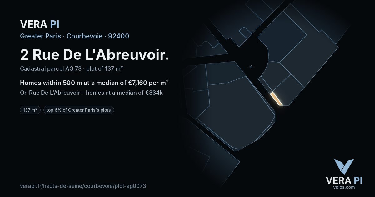 2 Rue De L'Abreuvoir, Courbevoie at night – the plot lit, the parcels around coloured by the prices near them