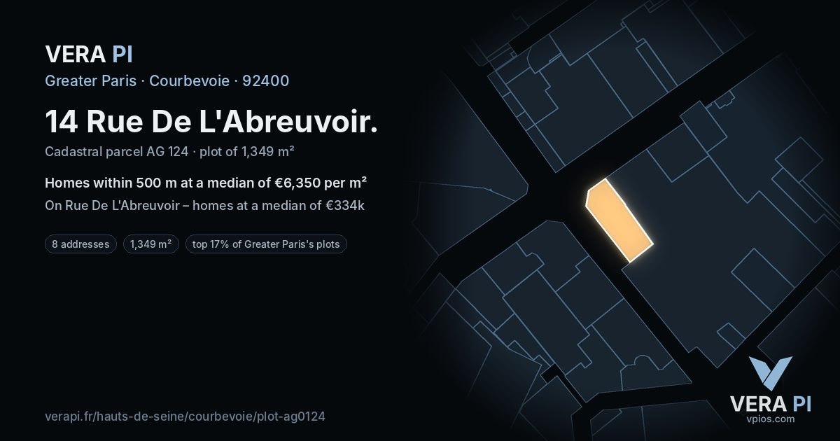 14 Rue De L'Abreuvoir, Courbevoie at night – the plot lit, the parcels around coloured by the prices near them