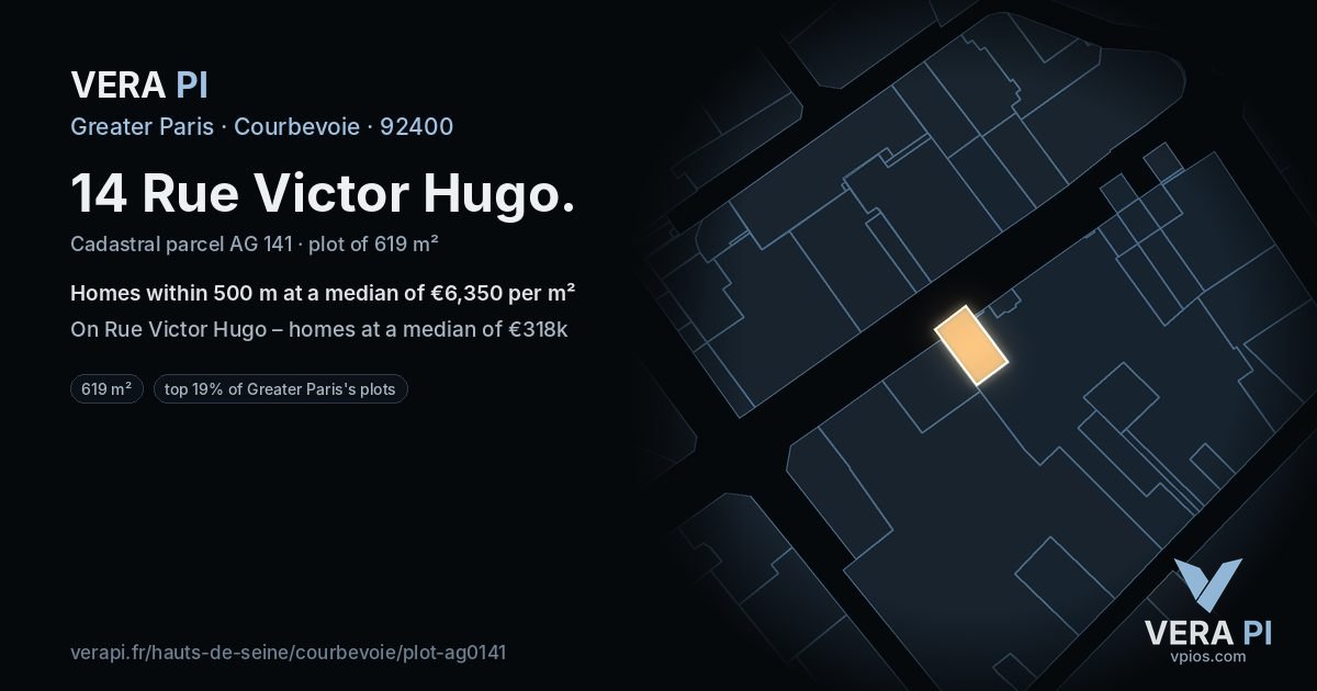 14 Rue Victor Hugo, Courbevoie at night – the plot lit, the parcels around coloured by the prices near them
