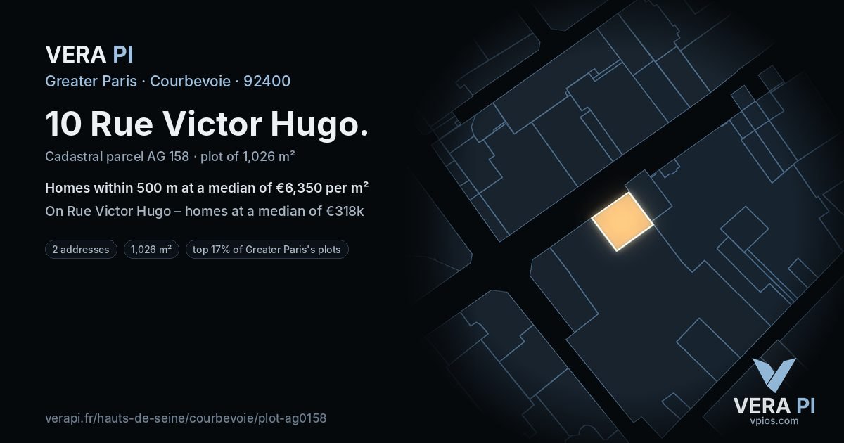 10 Rue Victor Hugo, Courbevoie at night – the plot lit, the parcels around coloured by the prices near them