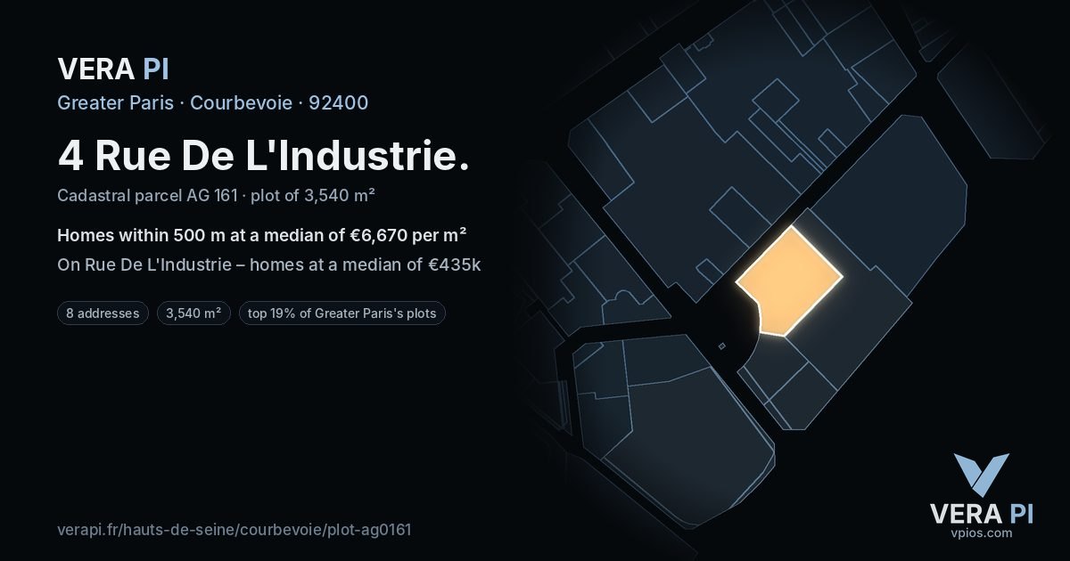 4 Rue De L'Industrie, Courbevoie at night – the plot lit, the parcels around coloured by the prices near them