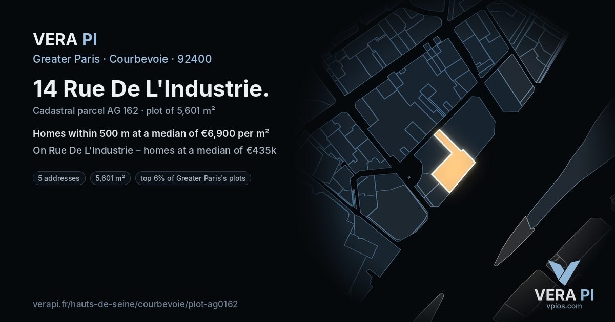 14 Rue De L'Industrie, Courbevoie at night – the plot lit, the parcels around coloured by the prices near them