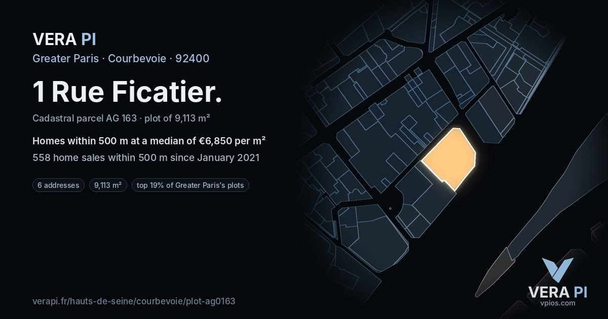 1 Rue Ficatier, Courbevoie at night – the plot lit, the parcels around coloured by the prices near them