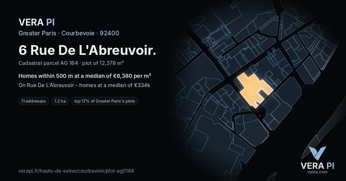 6 Rue De L'Abreuvoir, Courbevoie at night – the plot lit, the parcels around coloured by the prices near them