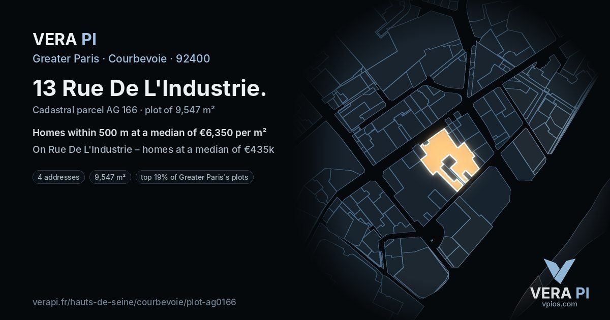 13 Rue De L'Industrie, Courbevoie at night – the plot lit, the parcels around coloured by the prices near them
