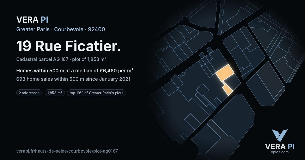 19 Rue Ficatier, Courbevoie at night – the plot lit, the parcels around coloured by the prices near them