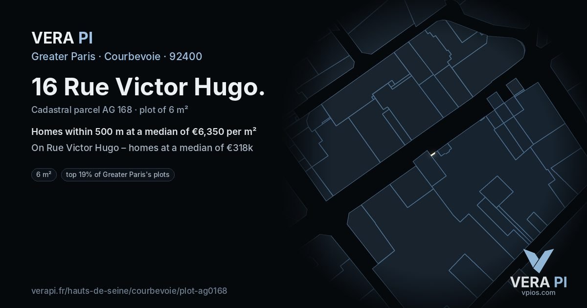 16 Rue Victor Hugo, Courbevoie at night – the plot lit, the parcels around coloured by the prices near them