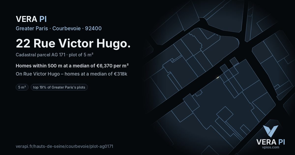 22 Rue Victor Hugo, Courbevoie at night – the plot lit, the parcels around coloured by the prices near them