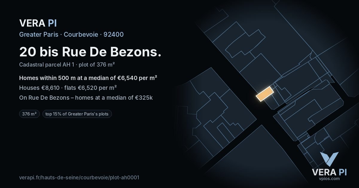 20 bis Rue De Bezons, Courbevoie at night – the plot lit, the parcels around coloured by the prices near them