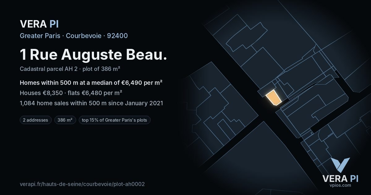 1 Rue Auguste Beau, Courbevoie at night – the plot lit, the parcels around coloured by the prices near them