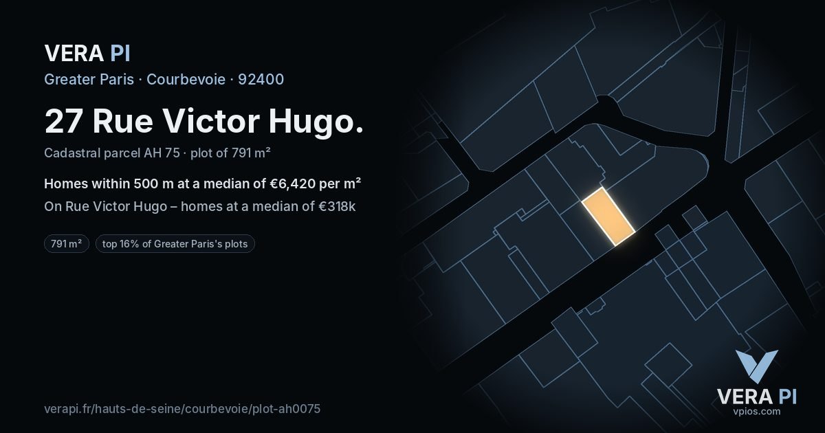 27 Rue Victor Hugo, Courbevoie at night – the plot lit, the parcels around coloured by the prices near them