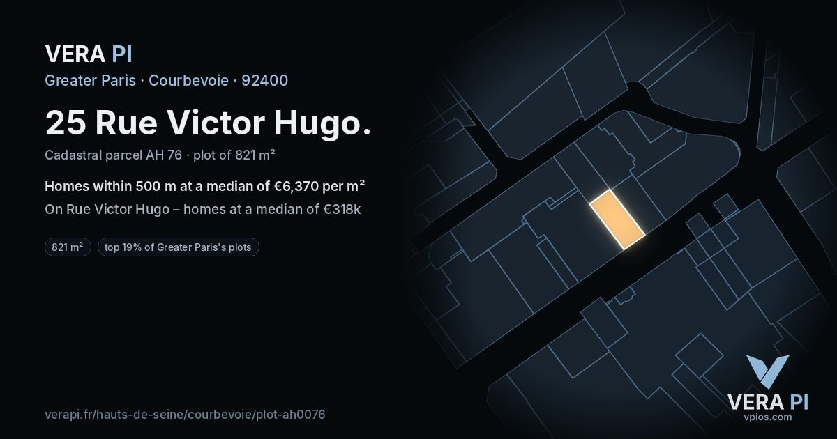 25 Rue Victor Hugo, Courbevoie at night – the plot lit, the parcels around coloured by the prices near them